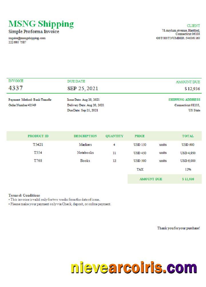 USA MSNG Shipping invoice